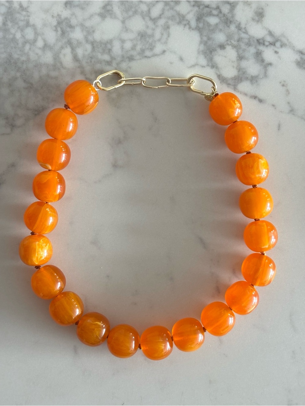 Large Amber Resin Bead Necklace Gold Clasp